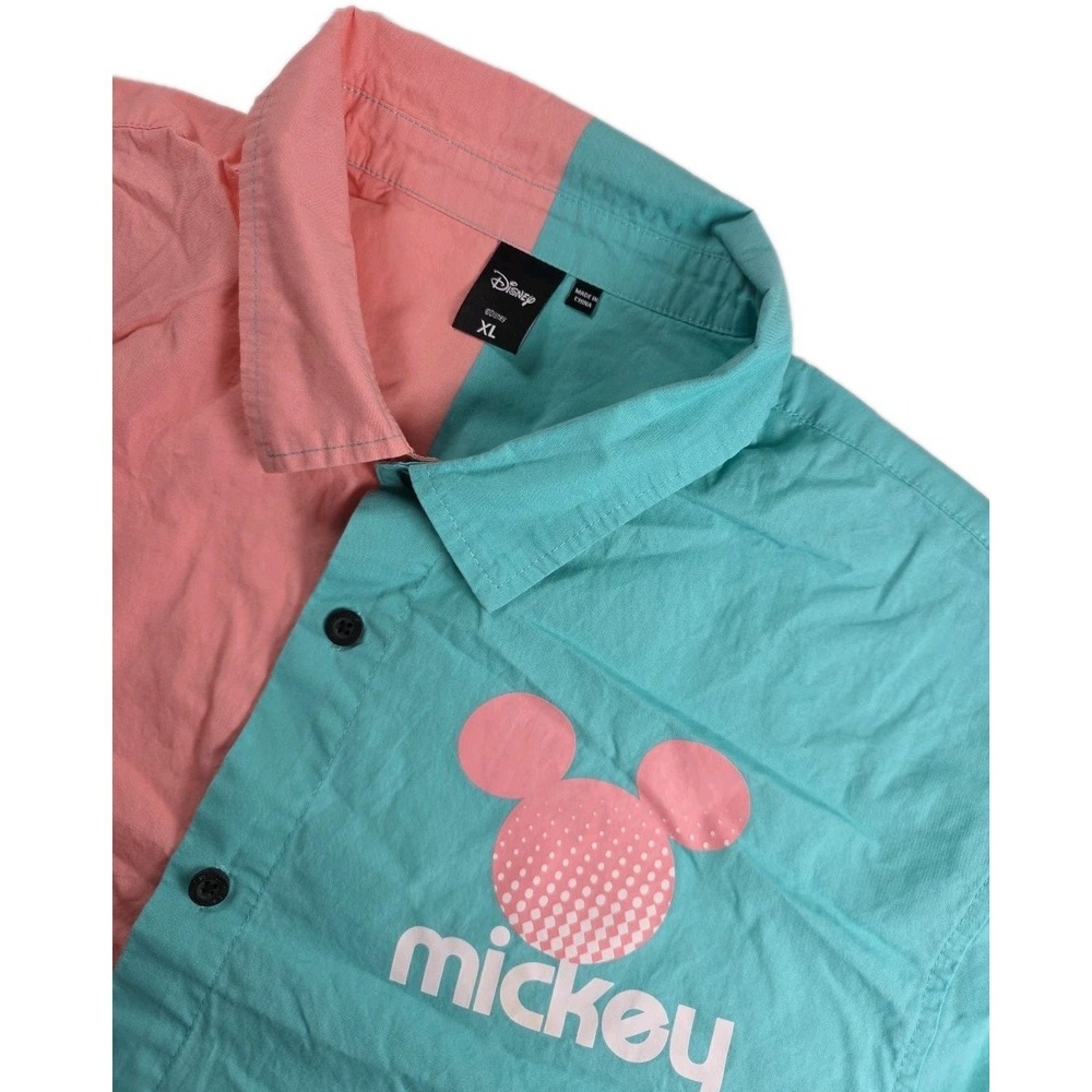 NEFF AND Disney‎ Shirt Mens Medium CORAL TEAL ColorBLOCK BUTTON UP MICKEY LOGO